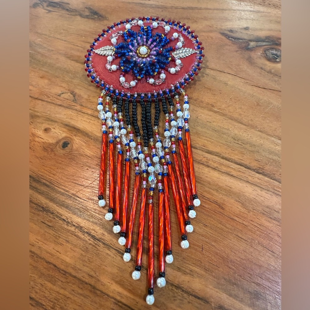 Vintage original Native American Beaded Brooch 2 1/2 x 5inch Leather Backing